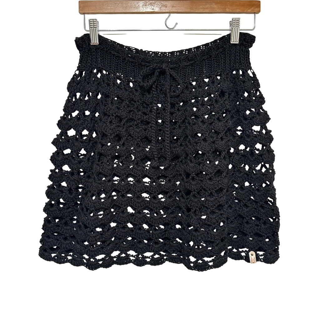 Handmade Open Crochet Knit Mini Skirt Womens Small Black Boho Festival Retro